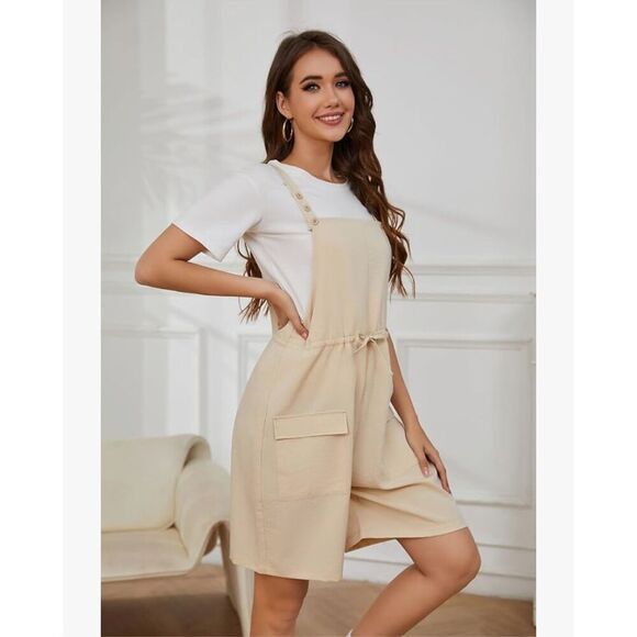 NEW Khaki Short Overalls Loose Adjustable Strap Romper Pockets M - Picture 7 of 7